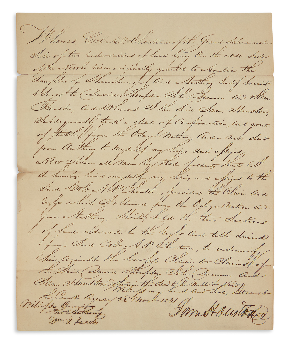 SAMUEL HOUSTON. Document Signed, SamHouston, bond governing the transfer from Auguste Pierre Chouteau to Houst...